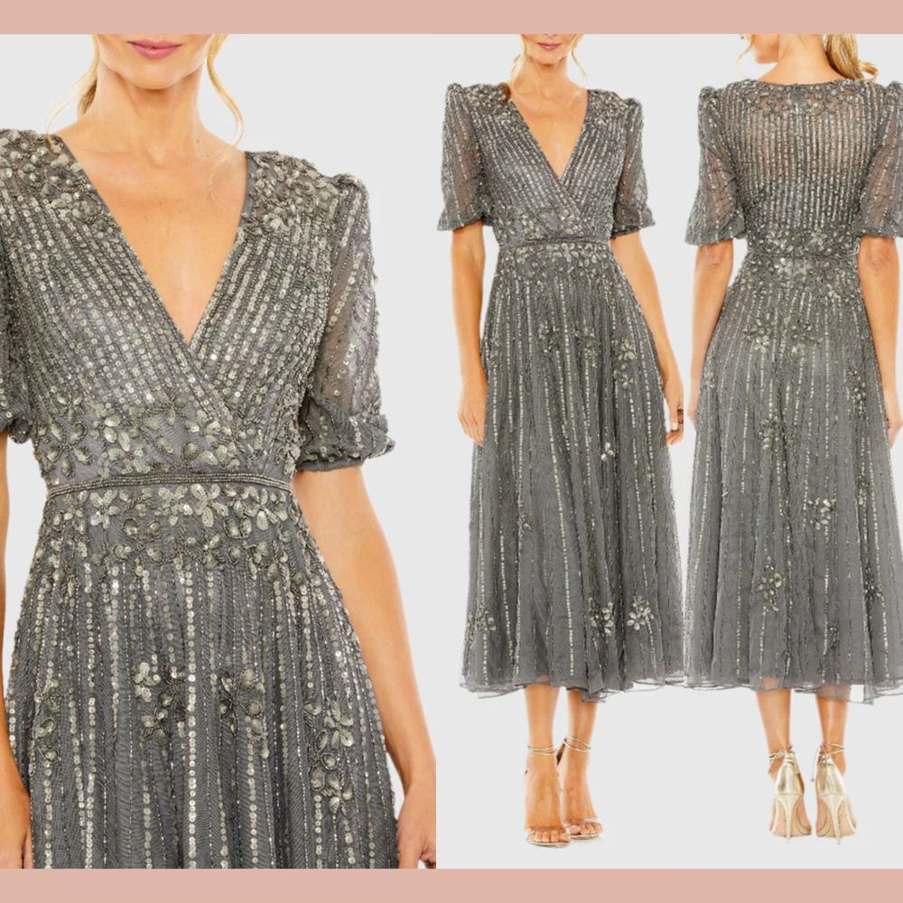 NWT Mac Duggal [ 20 ] 5995 Puff Quarter Length Sleeve V Neck‎ Dress Pewter Grey